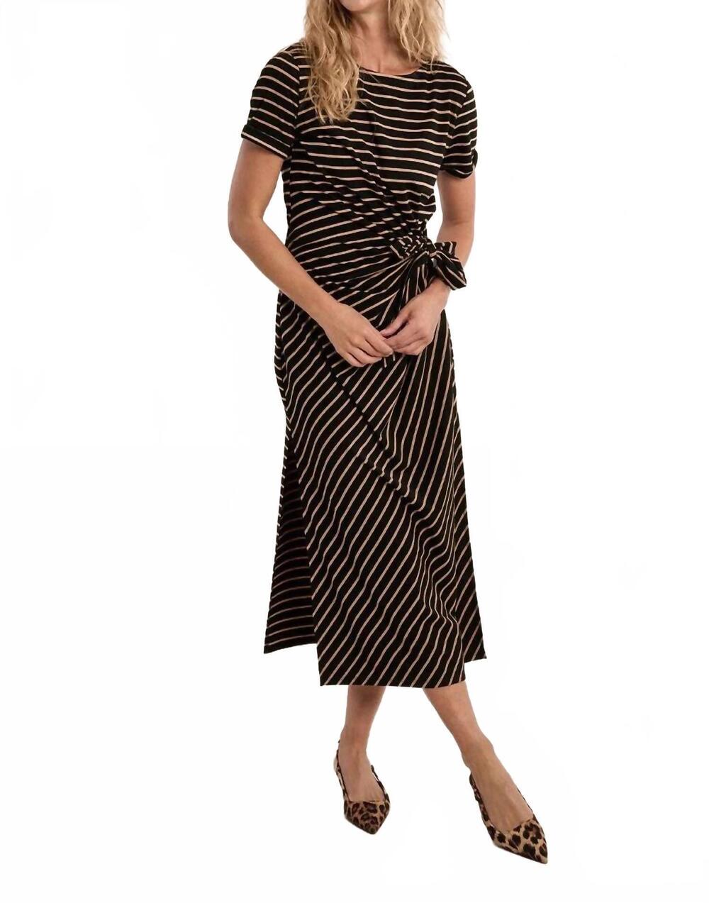 NEW MOLLY BRACKEN striped tie-waist midi dress in black/beige